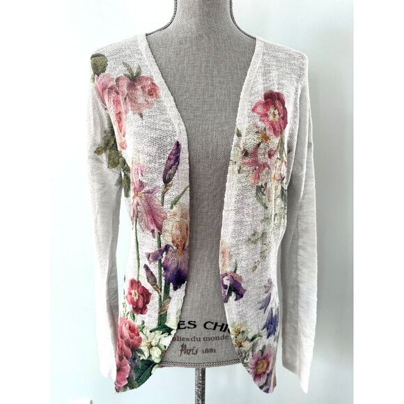 Rolla Coster Floral Roses Open Front Gray White Cardigan Knit Top size Medium - Picture 1 of 9